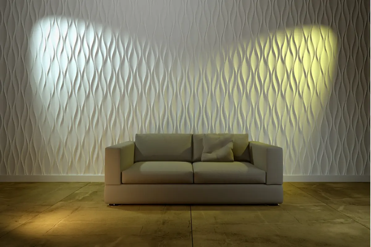 Bank tegen een witte 3D-wand met verticale golfbanen, aangelicht met spots