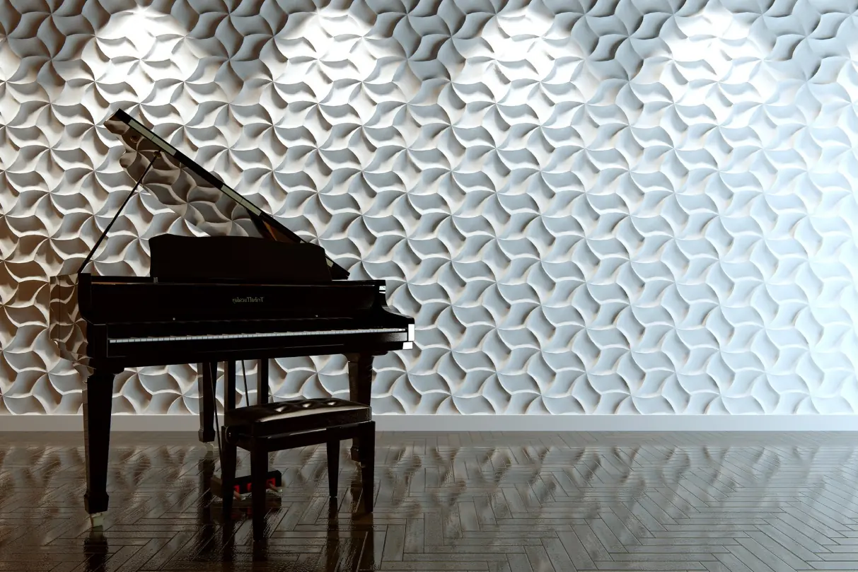 Vleugel voor een witte 3D-wand met ronddraaiende bloemvormen