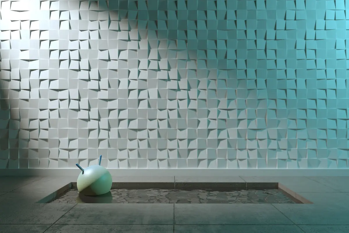 Waterbassin voor een 3D-wand met losse gekantelde vierkanten, blauw aangelicht