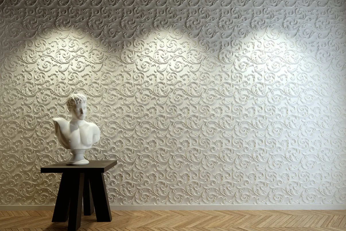 Klassieke buste op een tafel voor een 3D-wand met barok krulwerk